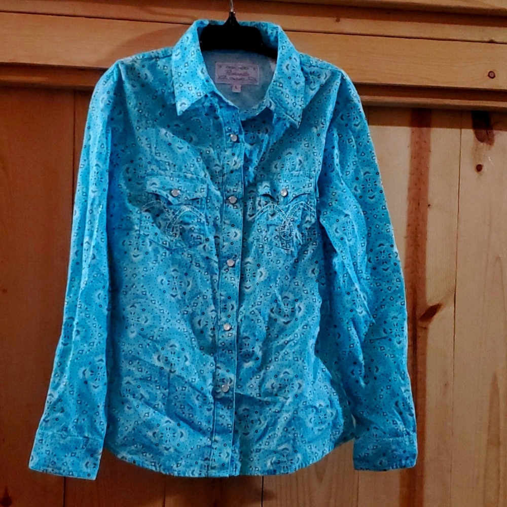 Girls Panhandle button down western show shirt turquoise paisley Large